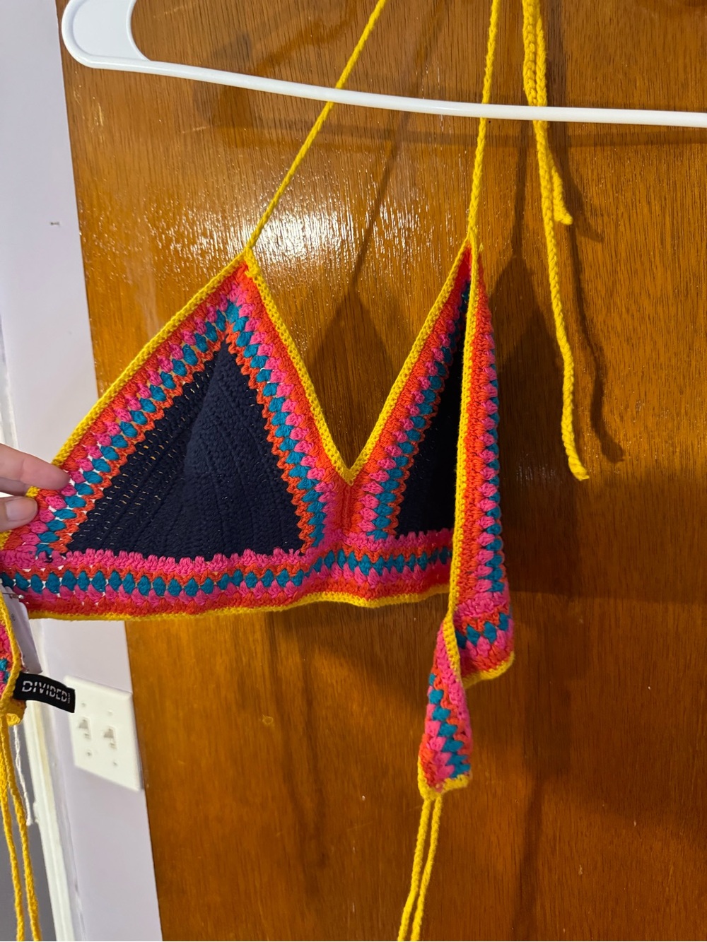 H&M Crochet Halter bralette in Navy with Pink, Teal & Yellow Trim